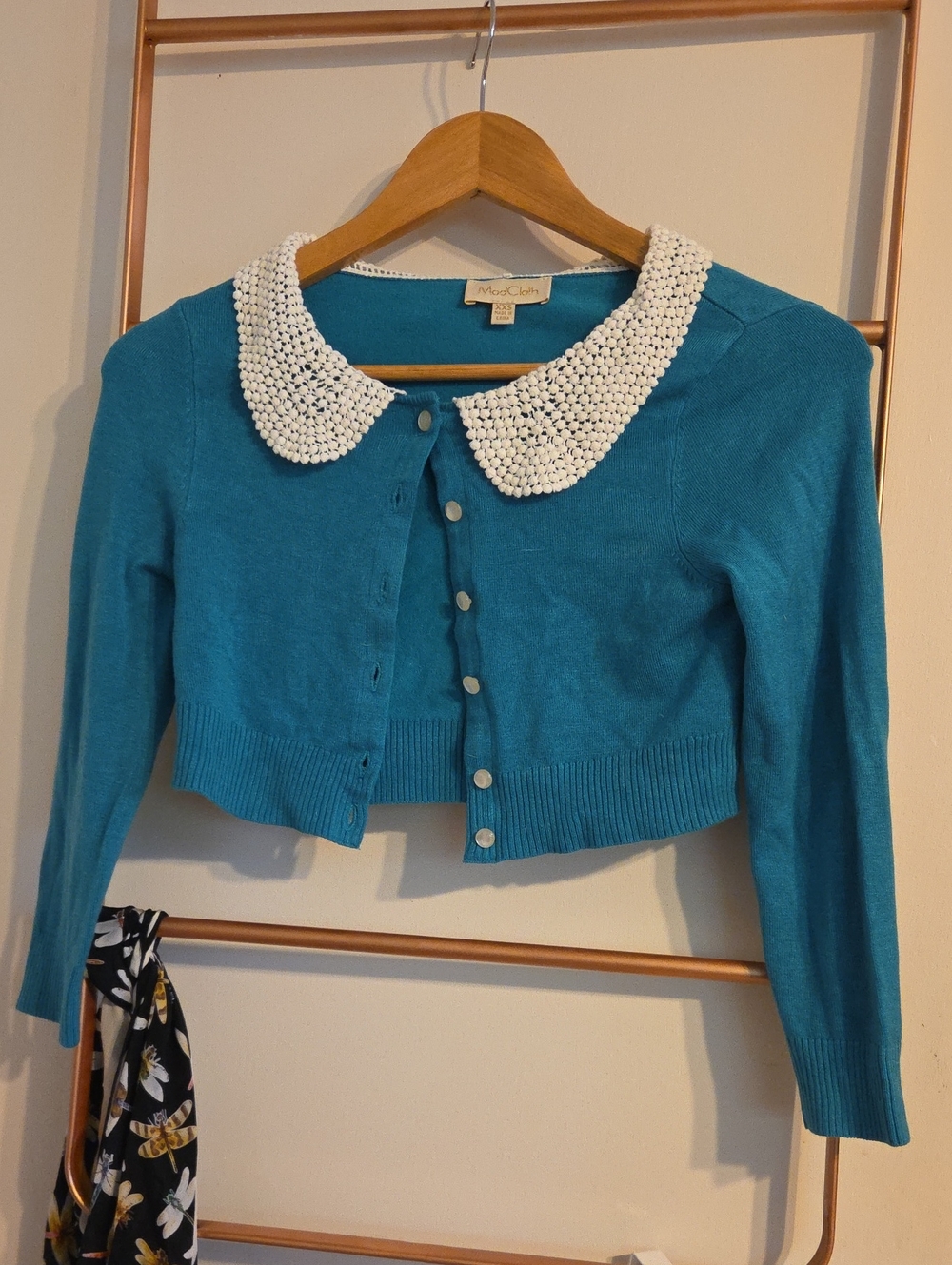 ModCloth Teal Cropped Cardigan with White Fabric Beaded Peter Pan Collar